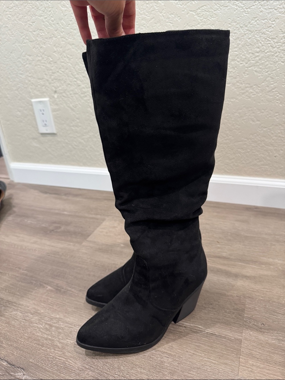 Black Knee-High Suede Boots - Women's Classic Heel